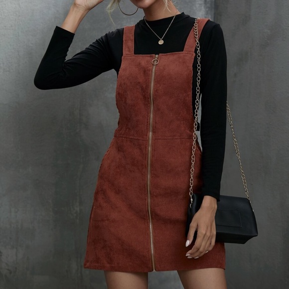 zipper pocket fall corduroy mini dress rust brown - Picture 4 of 8